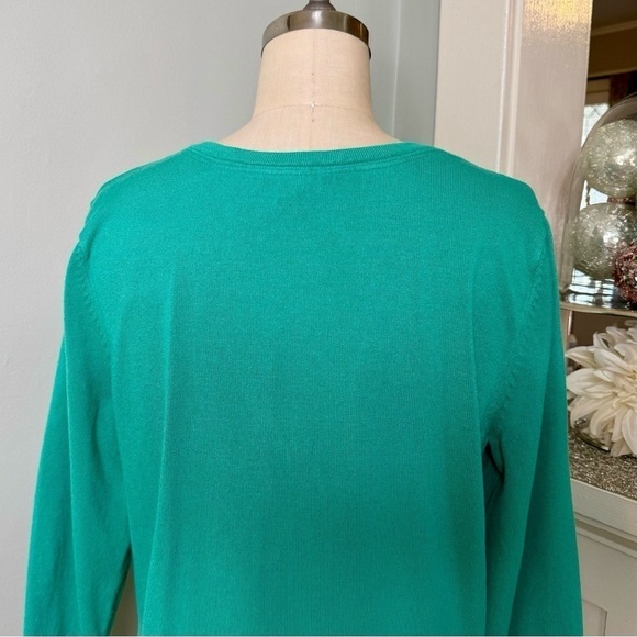 White House Black Market Green Snap Sweater Cardigan Ruffled Lace Trim Large - Picture 8 of 11